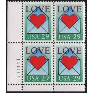1992 LOVE   RED HEART IN ENVELOPE #2618 Plate Block of 4 x 29 cents US 