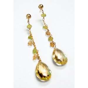 14K Yellow Gold Drop Earrings, Set with Citrine and Peridot Color 