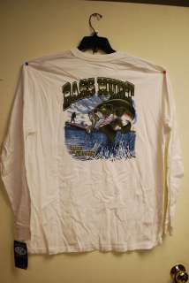 Mens XL Long Sleeve T shirt w/ pocket Bass Hunt fishing, white, NEW 