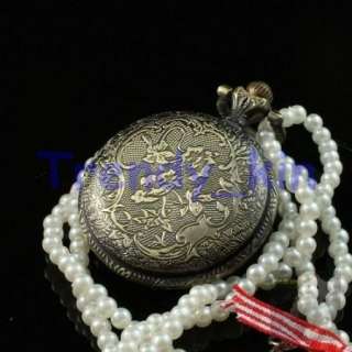 Brass Steampunk Vintage Pearl Necklace pocket watch FOB  