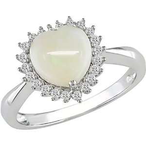   White Gold 1/5 Carat Diamond and 1 1/3 Carat Heart Opal Ring Jewelry