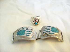 STERLING SILVER AND TURQUOISE WATCH BAND AND RING SET  