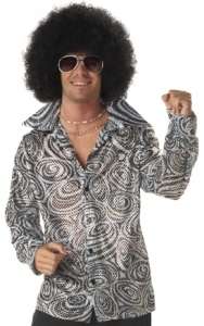 Mens 60s 70s Silver Disco Costume Shirt + Afro Wig 019519007615  