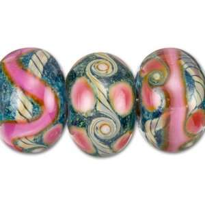  Blue with Pink and Ivory Ribbon Mix Roundel Bead (7 pcs 