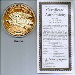 1995 Giant One Half Pound .999 Silver Proof Eagle with COA   The 