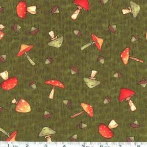 45 Wide Rustic Retreat Fall Forest Mushrooms Green Fabric By The 