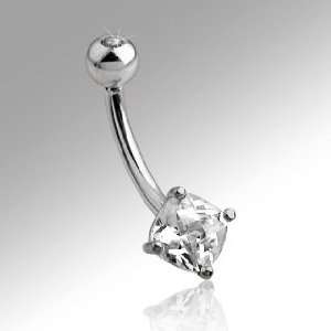 14K White Gold 7mm Square Cubic Zirconia Stud Belly Ring with Top Gem 