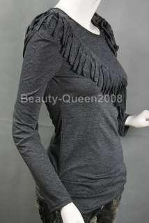 FRINGE Beaded Rosette Top Blouse Gray Cotton Tunic XS S  