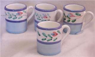 Caleca Pottery BLUE GARLAND Set of Four (4) Demitasse Cups Hand Made 