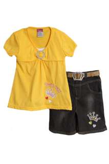 Angel Face Girls (4 6x) 3pc yellow top&denim shorts set w/ glitter 