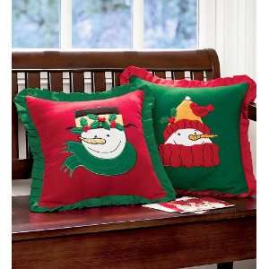 Festive Red Snowman Cotton Blend Pillow with Ruffle Trim  
