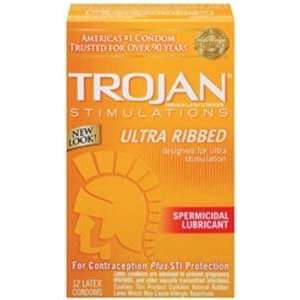  Condom Trojan Stimulations Ultra Ribbed Spermicidal 12 