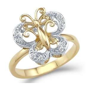   14k Yellow White Gold Butterfly Movement Motion CZ Cubic Zirconia Ring