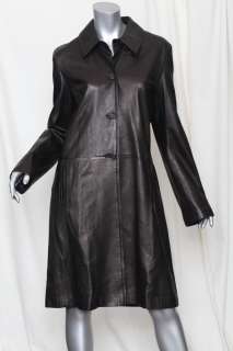 BARNEYS NEW YORK Womens Black Long LAMBSKIN LEATHER Coat Jacket L 