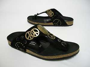   PLINER Black Suede PAOLO Peace Sign Jeweled Thong Sandal Slide 5 NEW