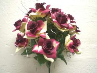Lot of 2 CREAM BURGUNDY Open Rose M.P 14 Silk Flowers Bushes  