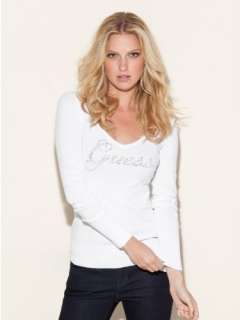 NEW GUESS WHITE ALETTE SWEATER CRYSTAL LOGO TOP CRISSCROSS OPEN BACK 