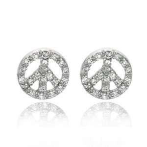    Sterling Silver CZ Peace Sign Stud Earrings (11 x 11 mm): Jewelry