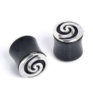  silver 925 spiral black ear stretcher 10 mm plug 00G horn earrings 