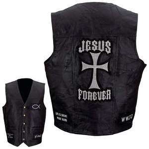 Mens Black Leather Biker Motorcycle Vest w Christian Jesus Forever 