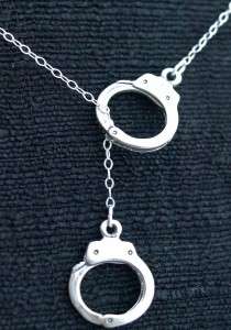 925 Sterling Silver Handcuffs Lariat Necklace Police Pendant Charm 
