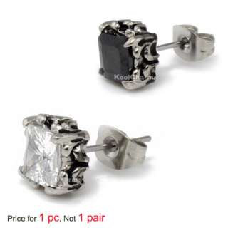 Fashion Square Black Silver CZ 316L Stainless Steel MENS Stud Earrings 