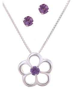   Stonez Silver Purple CZ Earring and Flower Pendant Set  
