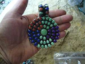 HUGE GREEN & PURPLE TURQUOISE, LAPIS, SPINY OYSTER STERLING PENDANT W 