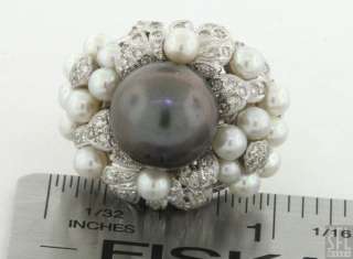 HEAVY 18K WHITE GOLD 0.85CT DIAMOND 12MM GRAY PEARL COCKTAIL RING 