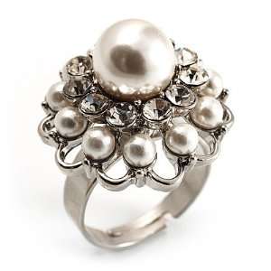    White Faux Pearl Crystal Dome Shape Ring (Silver Tone) Jewelry