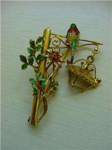 Antique 18k Solid Gold Enamel Bird & Flowers Pin Brooch  