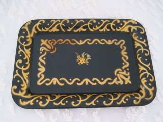   Vintage Black & Gold Mid Century Floral Chic Tole Vanity Dresser Tray