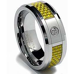 Mens Tungsten Carbide Cubic Zirconia Yellow Carbon Fiber Ring (8 mm 