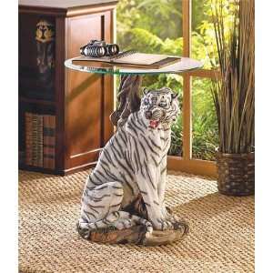 White Tiger Sculptural Base Home Accent Glass Top Table:  