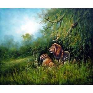  Pair of Lions Resting in Wild Oil Painting 20 x 24 inches 