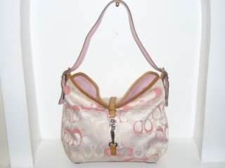 COACH White Pink Jacquard/Tan Leather Signature Shoulder Bag Handbag 