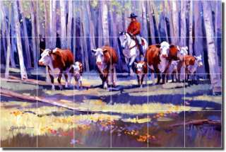 Senkarik Cowboy Cattle Western Art Ceramic Tile Mural  