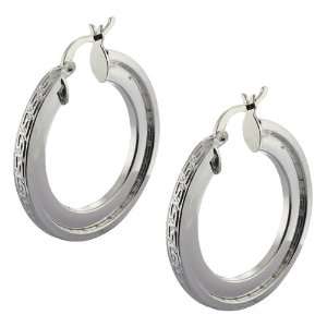  1.25 Greek Key Round Hoop Earrings .925 Sterling Silver 
