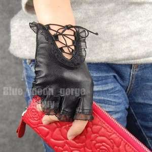   Gothic Lolit Sexy Lace Genuine Leather Fingerless Punk Gloves Womens