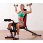 chest abs back arms legs and glutes adjust the attached bench to