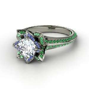 com Pave Lotus Ring, Round Diamond 14K White Gold Ring with Sapphire 
