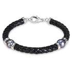   Silvertone Freshwater Black Pearl and Brown Leather Bracelet (9 10 mm