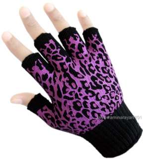Winter Knit Fingerless Gloves Purple Leopard Animal Prt  