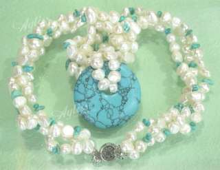 Howlite Turquoise Pendant Freeform Pearl Beads Necklace  