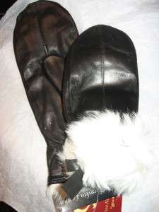 Cire Plush White Rabbit Fur lined Black Leather Mittens  