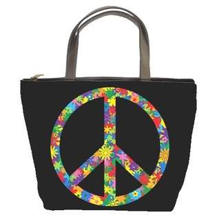   bucket bag purse handbag of peace symbol with flowers in 60s colors