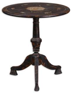 Distressed Black Painted Round Footed Accent End Table  