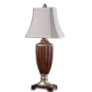   Table Lamp, Warm Wood Tone with Silver Leaf Accent Finish with Linen