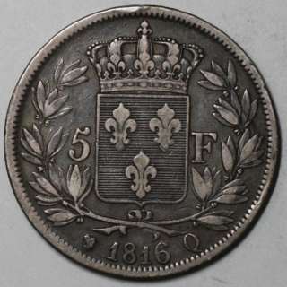 1816 Q RARE Perpignan Mint FRANCE silver 5 francs LOUIS XVIII (ONLY 