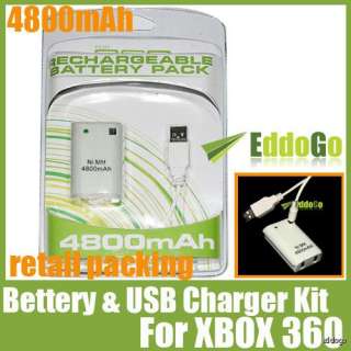 Retail package WHT 4800mAh Battery Pack USB Charger Cable For Xbox360 